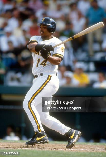 Brian Hunter of the Pittsburgh Pirates bats against the Chicago White Sox during an Major League Baseball spring training game circa 1994 at...