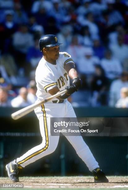 Brian Hunter of the Pittsburgh Pirates bats against the Chicago White Sox during an Major League Baseball spring training game circa 1994 at...