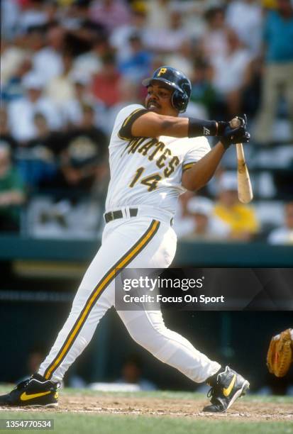 Brian Hunter of the Pittsburgh Pirates bats against the Chicago White Sox during an Major League Baseball spring training game circa 1994 at...