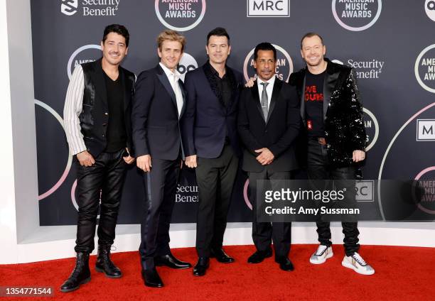 Jonathan Knight, Joey McIntyre, Jordan Knight, Danny Wood, and Donnie Wahlberg of New Kids on the Block attend the 2021 American Music Awards at...
