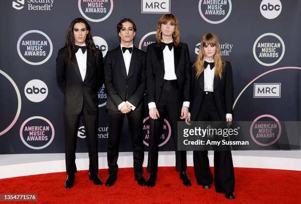 Ethan Torchio, Damiano David, Thomas Raggi, and Victoria De Angelis of the band Måneskin attend the 2021 American Music Awards at Microsoft Theater...