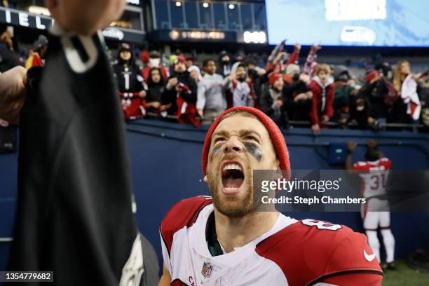 Zach Ertz of the Arizona Cardinals reacts after defeating the Seattle Seahawks 23-13 at Lumen Field on November 21, 2021 in Seattle, Washington.
