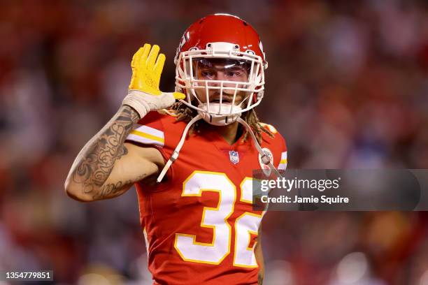 Tyrann Mathieu of the Kansas City Chiefs gestures to the fans after a fourth quarter interception against the Dallas Cowboys at Arrowhead Stadium on...