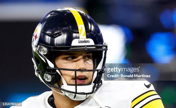 Mason Rudolph of the Pittsburgh Steelers warms up before the game against the Los Angeles Chargers at SoFi Stadium on November 21, 2021 in Inglewood,...