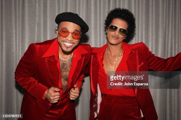 In this image released on November 21, Anderson .Paak and Bruno Mars of Silk Sonic are seen backstage for the 2021 American Music Awards at Microsoft...