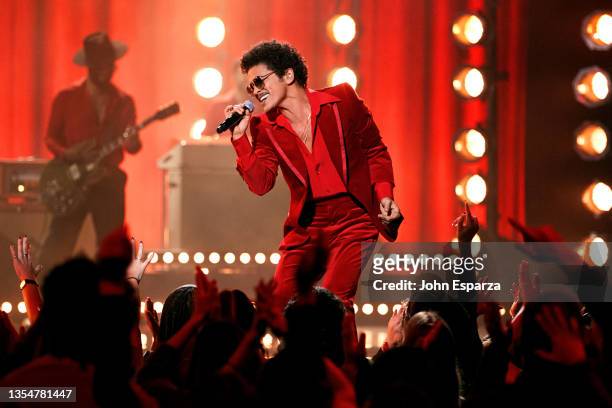 In this image released on November 21, Bruno Mars of Silk Sonic perform onstage for the 2021 American Music Awards at Microsoft Theater broadcast on...