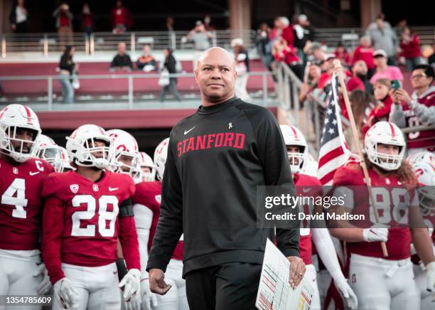 Head Coach David Shaw of the Stanford Cardinal waits to lead his team onto the field before the start of the 124th Big Game between Stanford and the...