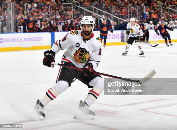 Jujhar Khaira of the Chicago Blackhawks skates during the game against the Edmonton Oilers on November 20, 2021 at Rogers Place in Edmonton, Alberta,...