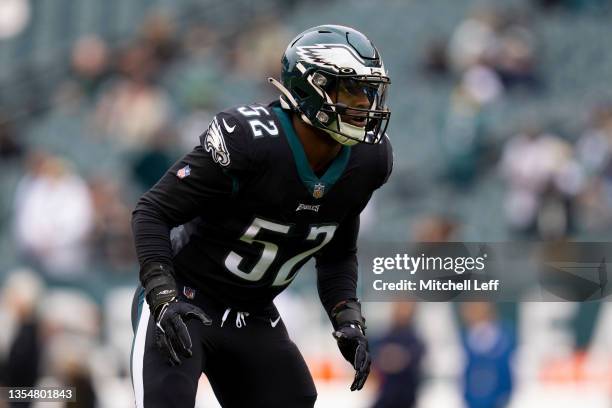 Davion Taylor of the Philadelphia Eagles warms up prior to the game against the New Orleans Saints at Lincoln Financial Field on November 21, 2021 in...