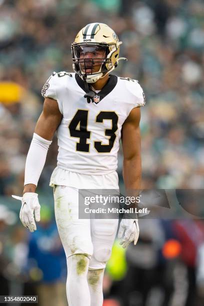 Marcus Williams of the New Orleans Saints looks on against the Philadelphia Eagles at Lincoln Financial Field on November 21, 2021 in Philadelphia,...