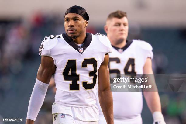 Marcus Williams of the New Orleans Saints walks off the field after the game against the Philadelphia Eagles at Lincoln Financial Field on November...