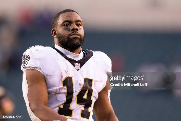 Mark Ingram of the New Orleans Saints walks off the field against the Philadelphia Eagles at Lincoln Financial Field on November 21, 2021 in...