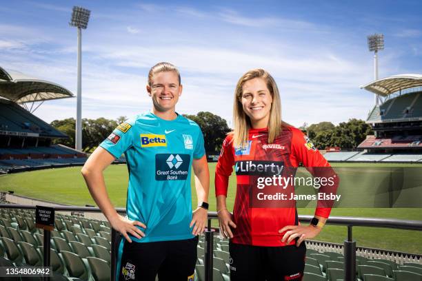 Jess Jonassen and Sophie Molineux pose during a media opportunity ahead of the WBBL Finals Series, at Adelaide Oval on November 22, 2021 in Adelaide,...