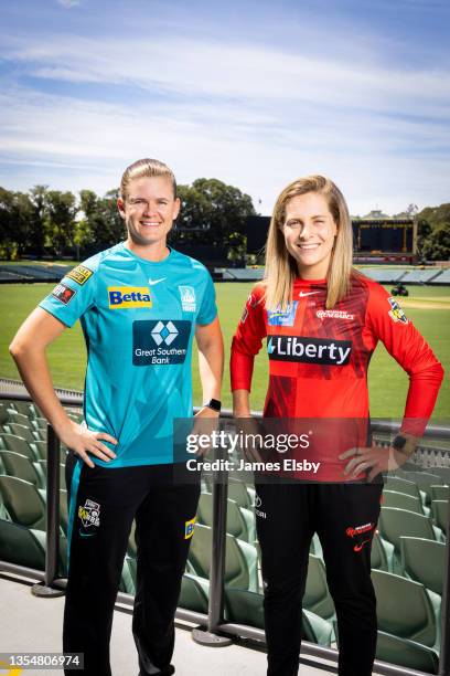 Jess Jonassen and Sophie Molineux pose during a media opportunity ahead of the WBBL Finals Series, at Adelaide Oval on November 22, 2021 in Adelaide,...