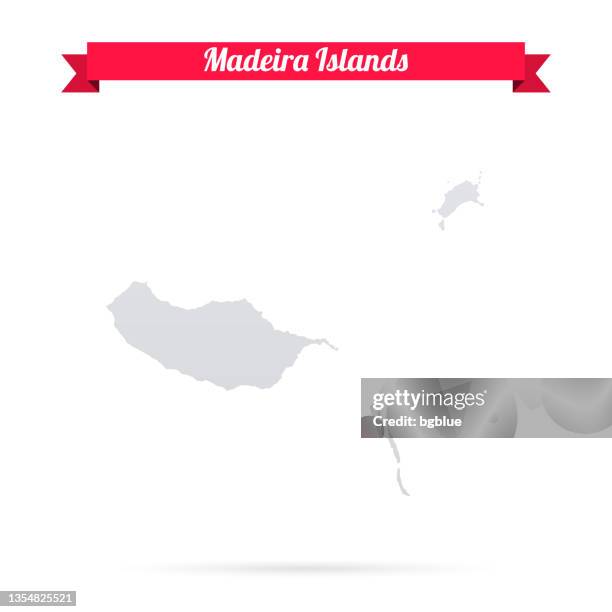 karte der madeira-inseln auf weißem hintergrund mit rotem banner - madeira stock-grafiken, -clipart, -cartoons und -symbole