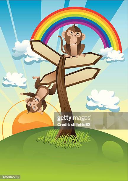 monkey & direction sign - monkey tail stock illustrations