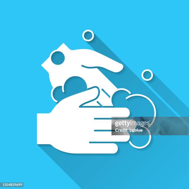 washing hands with soap. icon on blue background - flat design with long shadow - white laundry detergent stock illustrations