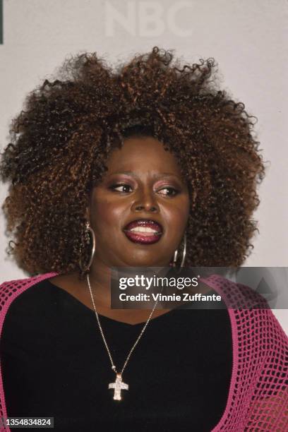 American singer Angie Stone attends the party celebrating the 25th anniversary of Arista Records, held at the Shrine Auditorium in Los Angeles,...