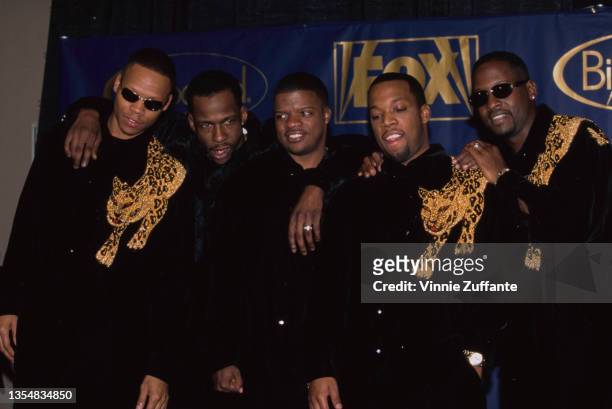 American R&B group New Edition in the press room of the 7th Billboard Music Awards, held at the Hard Rock Hotel in Las Vegas, Nevada, 4th December...