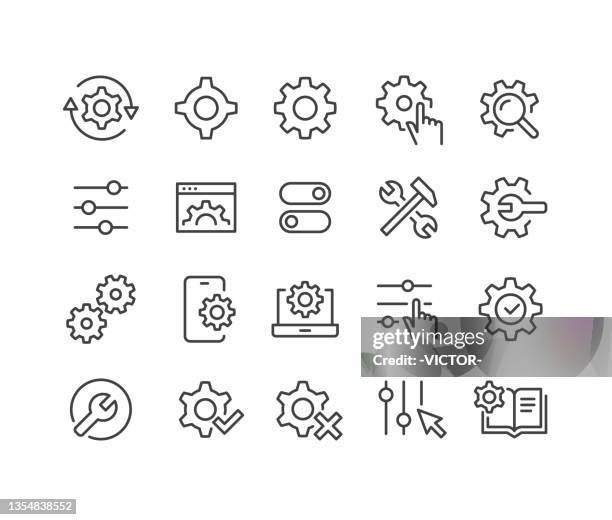 bildbanksillustrationer, clip art samt tecknat material och ikoner med settings icons set - classic line series - dator