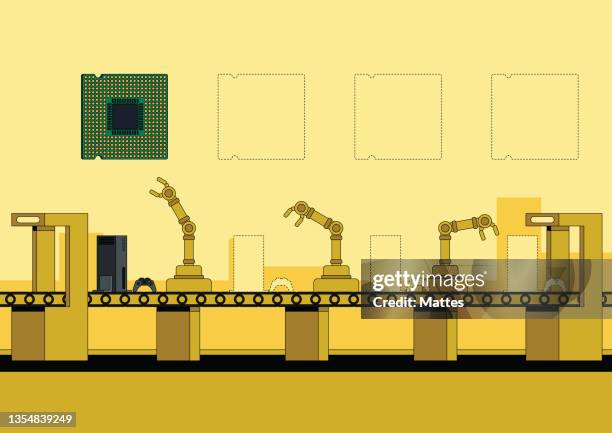 automated gaming console assembly line with products not being finished due to the global microchip shortage. monochrome illustration with vibrant yellow. - scarce stock illustrations