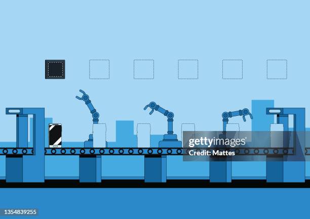 automated smartphone assembly line with products not being finished due to the global microchip shortage. monochrome illustration with vibrant blue. - production line stock illustrations