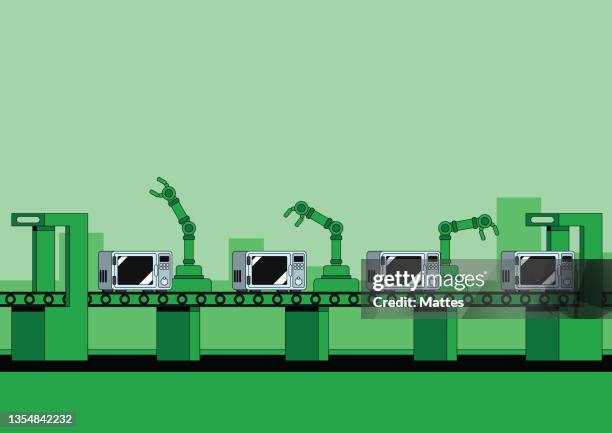 illustrations, cliparts, dessins animés et icônes de ligne d’assemblage automatisée de micro-ondes et d’appareils avec des robots d’assemblage automatisés de pointe. illustration monochrome avec un vert vif. - automotive semiconductor
