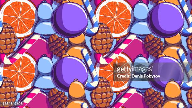 hand-drawn festive seamless pattern - christmas decorations. - tangerine sketch stock illustrations