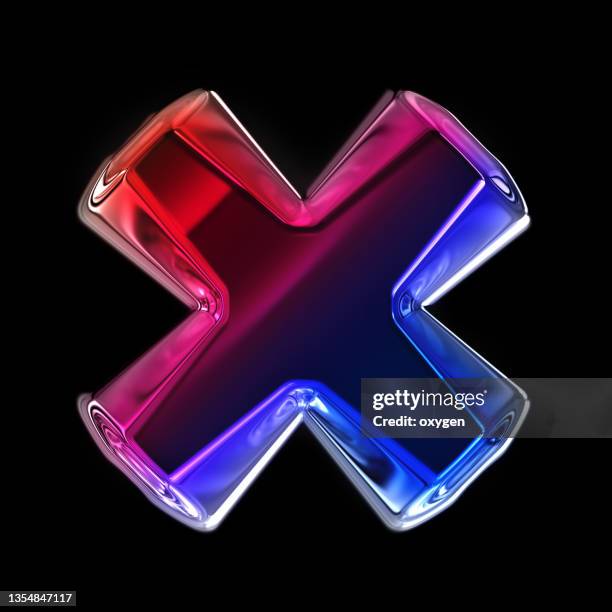 vibrant abstract  3d cross shape blue red glowing abstract on black background. metallic letter x - letter x fotografías e imágenes de stock