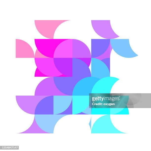 abstract mid-century geometric shapes neon blue purple on white  background - square shape fotografías e imágenes de stock