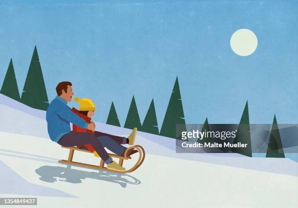 father and daughter sledding in snow - holiday stock illustrations