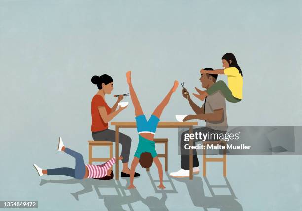 illustrazioni stock, clip art, cartoni animati e icone di tendenza di kids playing around parents eating at table - due genitori