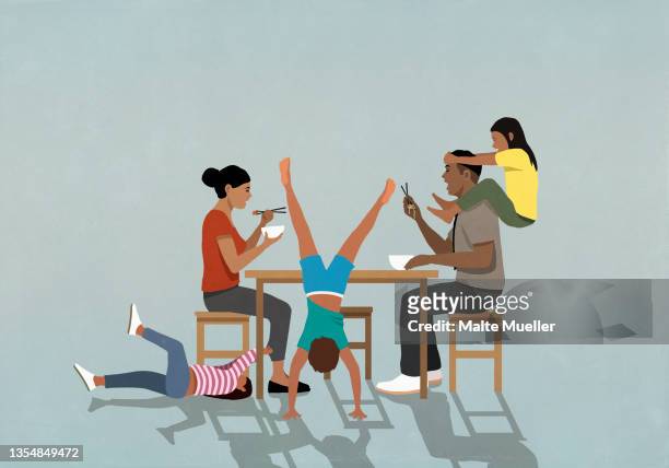 kids playing around parents eating at table - family stock illustrations