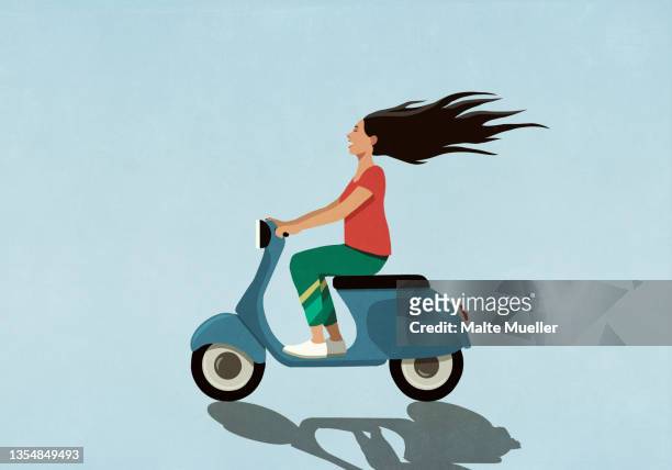 ilustraciones, imágenes clip art, dibujos animados e iconos de stock de carefree woman driving motor scooter - holiday scooter