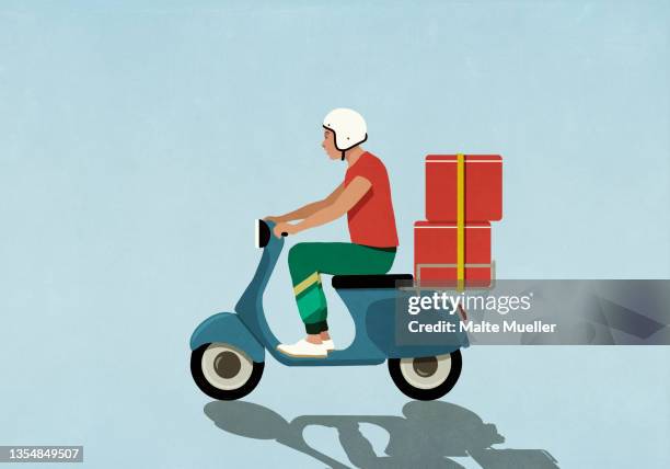 ilustrações, clipart, desenhos animados e ícones de man in helmet driving motor scooter with red boxes - lambreta