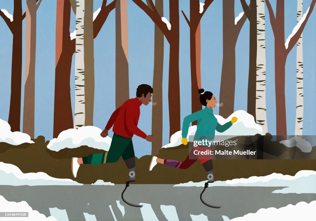 Amputee couple with artificial legs jogging in snowy park