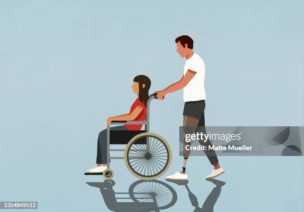 amputee husband pushing wife in wheelchair - amputee stock illustrations