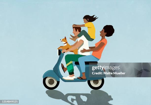 carefree family with dog riding motor scooter - people on coloured background stock illustrations