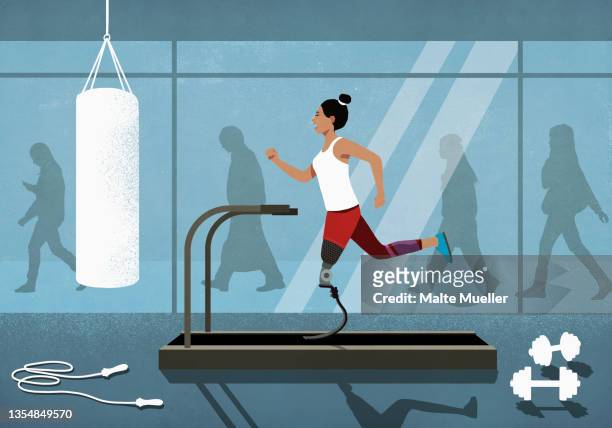 amputee with prosthetic leg jogging on treadmill at gym - amputee stock-grafiken, -clipart, -cartoons und -symbole