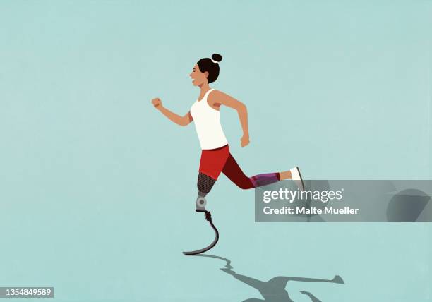 female amputee with prosthetic leg jogging - hair bun stock illustrations