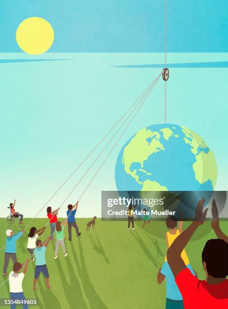 ilustrações de stock, clip art, desenhos animados e ícones de community hoisting globe with pulley - in a perfect world