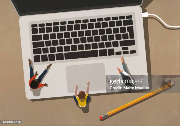 kids sitting at laptop keyboard - technology stock illustrations