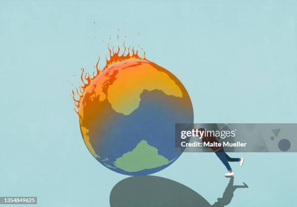 woman pushing burning globe - 燃える点のイラスト素材／クリップアート素材／マンガ素材／アイコン素材