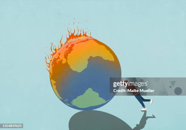 ilustrações, clipart, desenhos animados e ícones de woman pushing burning globe - burning