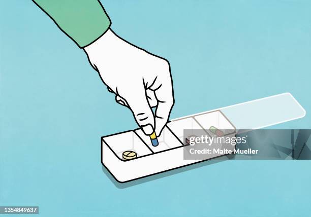 hand reaching for medication in pill box - people on coloured background stock illustrations