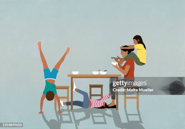 ilustraciones, imágenes clip art, dibujos animados e iconos de stock de playful kids distracting mother eating at table - familia comiendo