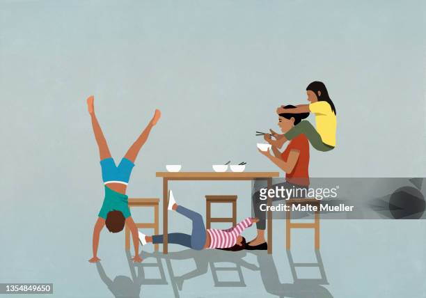 playful kids distracting mother eating at table - family stock illustrations