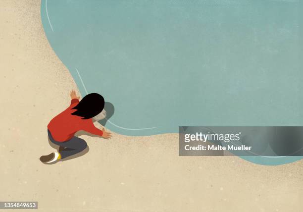 woman looking at reflection in water surface - woman at peace in nature stock illustrations