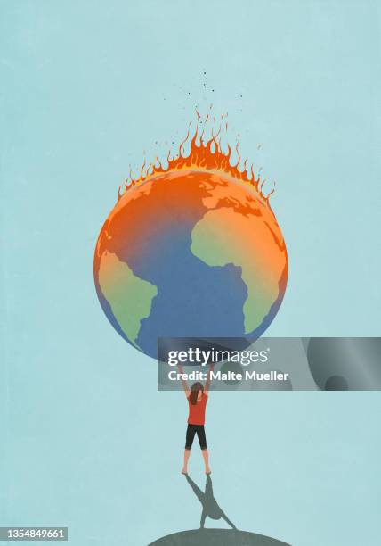 woman holding burning globe overload - climate change stock illustrations