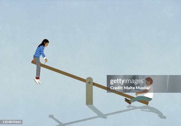 boy and girl playing on seesaw - seesaw stock illustrations